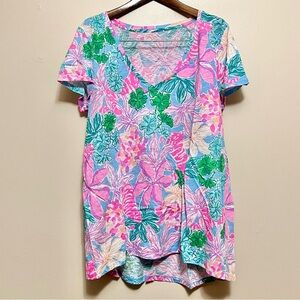 Lilly Pulitzer Pink and Green Floral Short Sleeve Top